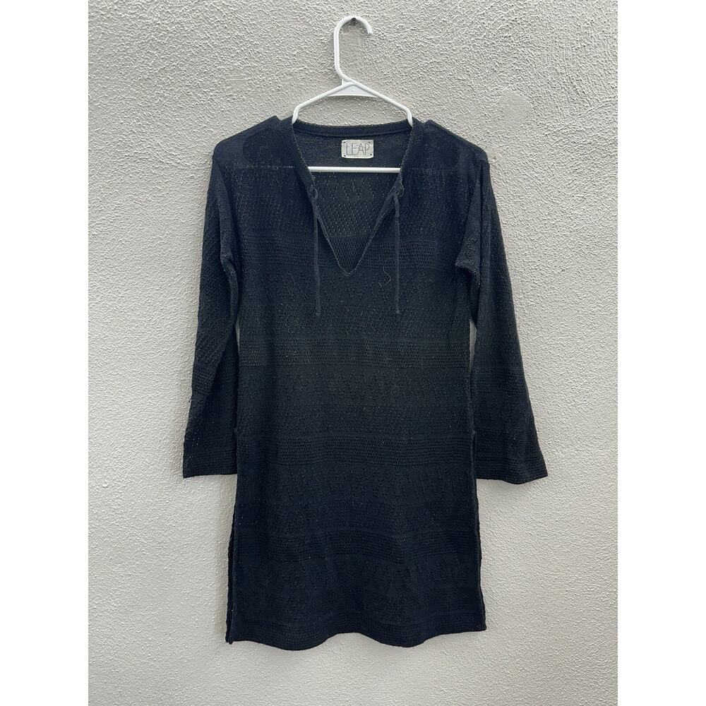 Leap Womens Cover Up Size 10 Black Open Knit Long Sleeve Side Slits Vintage